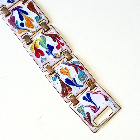 ENAMELED COPPER LINK BRACELET - VINTAGE but VERY SHORT 5 3/4" LENGTH - Picture 1 of 7